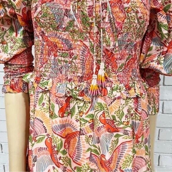 Farm Rio Women's Pink Macaw Flight Smocked Top Maxi Dress - Size Medium